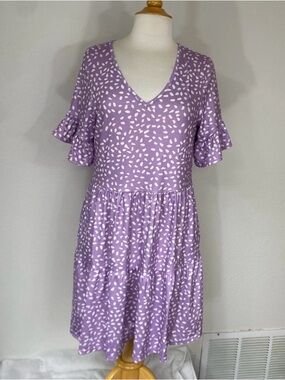 NCLOOK Womens Purple V Neck Flute Sleeve Tiered Mini Dress Size Medium Boho